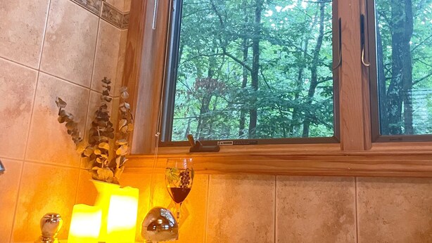 Une salle de bain avec une baignoire remplie de mousse, une fenêtre donnant sur des arbres et un vase décoratif avec des feuilles.