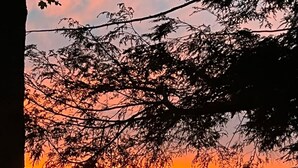 Une vue sur un lac au coucher du soleil, avec des tables de pique-nique et des personnes assises sur l’herbe.