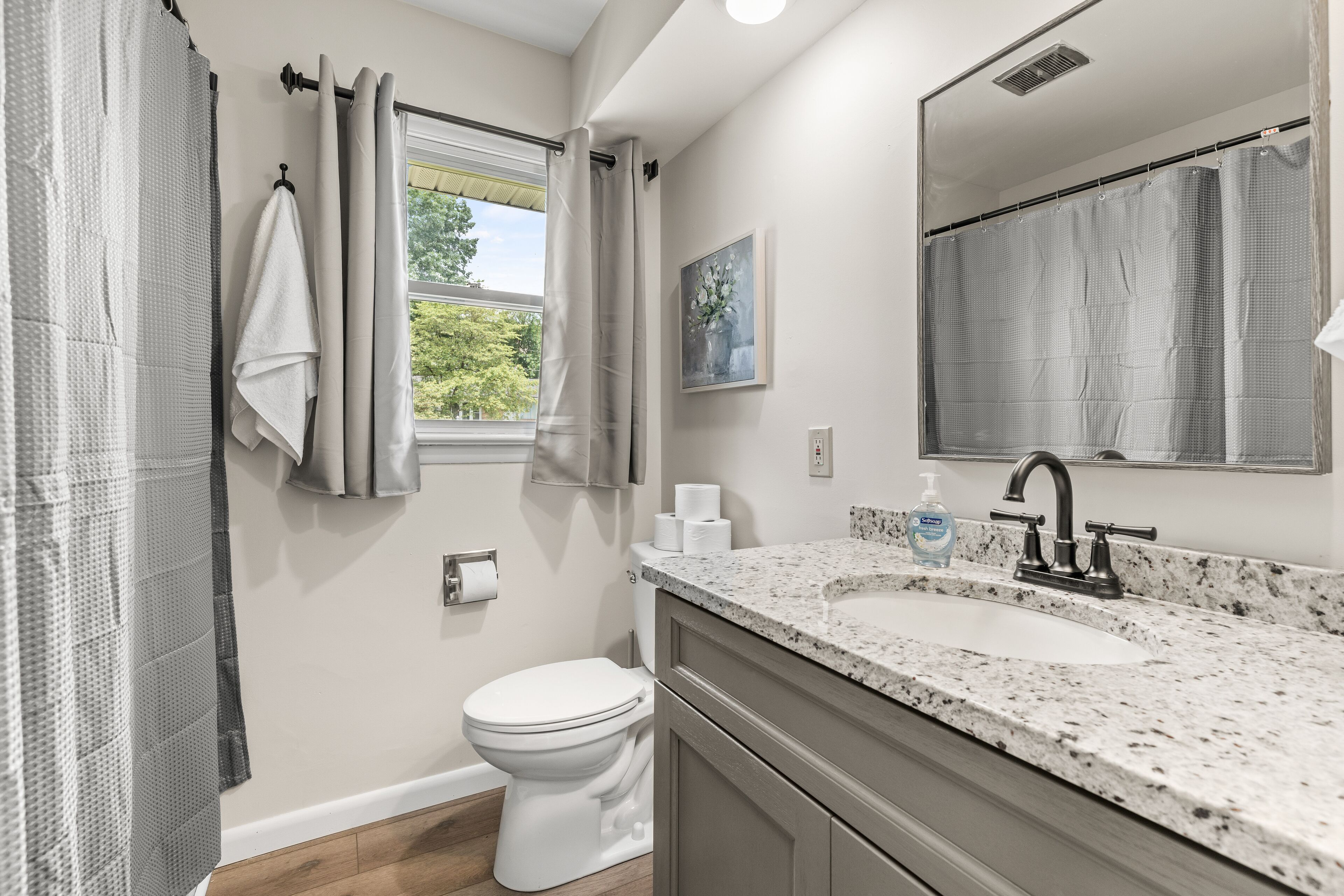 Combined shower/bathtub, hair dryer, towels, soap