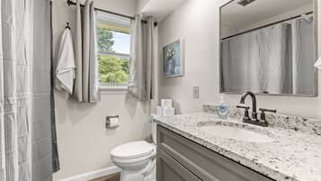 Combined shower/bathtub, hair dryer, towels, soap