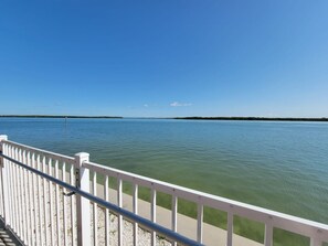A waterfront view with a white railing and calm water. - Lovers Key Resort Suite 5 - Bay View (Bonita Springs)