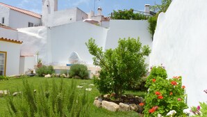 A courtyard with white walls, a small tree, and a variety of plants and flowers.