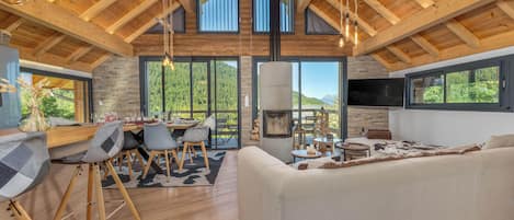 Smart TV, fireplace, books