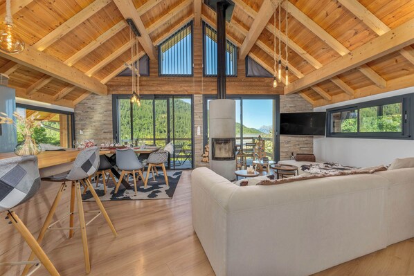 Smart TV, fireplace, books
