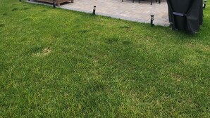 Ein Patio mit Gartenmöbeln, darunter eine Couch, Stühle und ein Tisch.