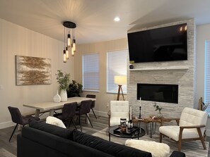 Smart TV, fireplace, books
