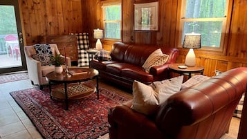 Smart TV, fireplace, books