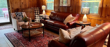 Smart TV, fireplace, books