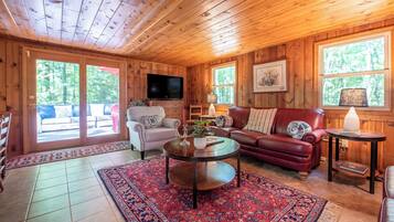 TV connectée, cheminée, livres