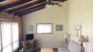 Una sala de estar acogedora con techo de madera, televisor, sofá, mesa de centro y una lámpara.