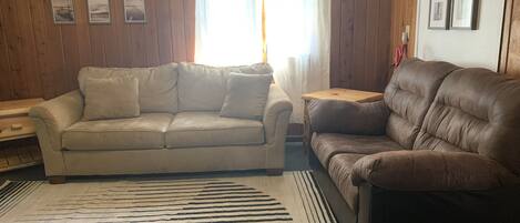 A living room with a beige sofa, a brown leather sofa, a wooden coffee table, and a striped rug.