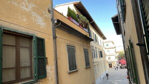A narrow street with buildings featuring green shutters and a tiled pavement. - Artemisia Pisa (Pisa)