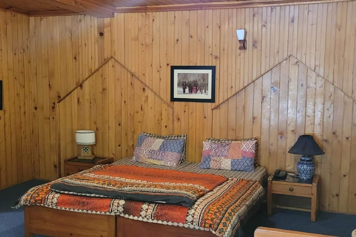 Ein Zimmer mit Holzwänden, einem Bett, zwei Nachttischen, einer Lampe, einem Fernseher und einem gerahmten Bild an der Wand.