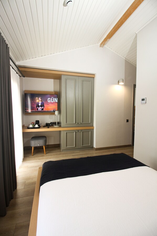 Habitación de hotel con una cama, un escritorio con televisor y un armario.