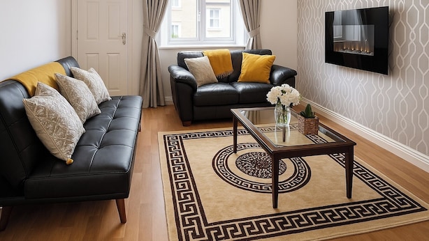 Ein Wohnzimmer mit schwarzem Ledersofa, Ledersessel, Glastisch und einem gemusterten Teppich.