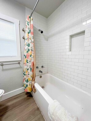 Hair dryer, towels, shampoo