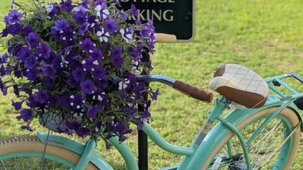 Una bicicleta antigua con una cesta llena de flores moradas frente a un cartel que dice 'VICTORIAN COTTAGE PARKING'.