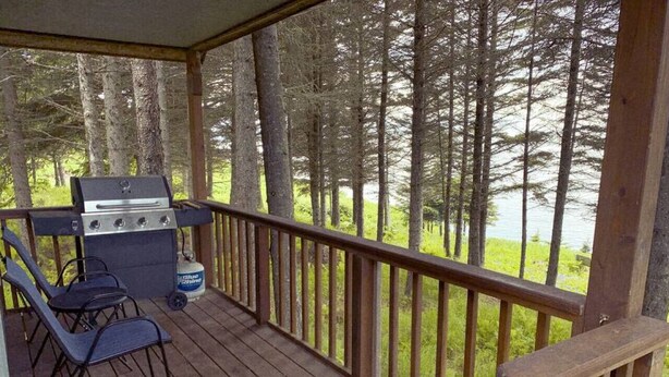 A covered deck with a grill, chairs, and a view of a forest and lake. - Ocean-view Cabin on the Anchor Point Bluff (Anchor Point)
