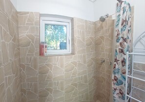 Shower, towels, soap, shampoo