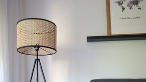 Un salon moderne avec un canapé gris, une lampe sur pied, une plante en pot et un tapis à motifs.