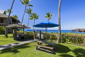 Relax by the ocean with a serene lawn, picnic table, and shade from an umbrella.