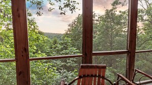A wooden deck with a view of a forested landscape through large windows.