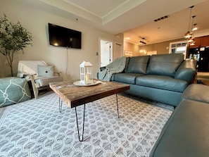 Smart TV, fireplace, books, stereo