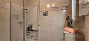 A modern bathroom with a glass shower enclosure, a towel rack, and a small framed picture on the wall.