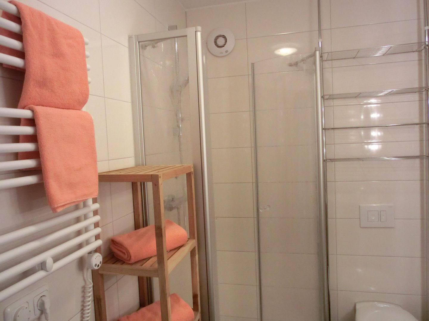 A bathroom with a glass shower enclosure, a wooden shelf with towels, and a white radiator.