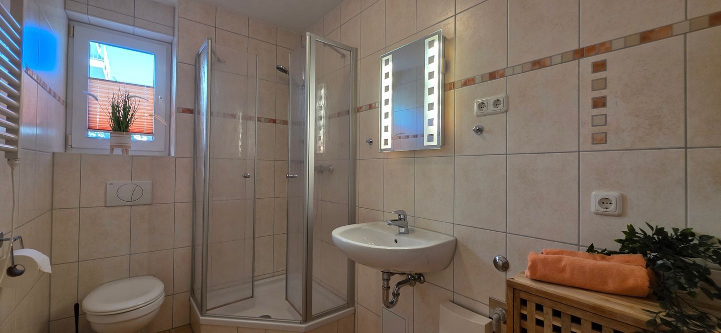 Een badkamer met een douchecabine, een wastafel, een toilet en een raam met zonwering.