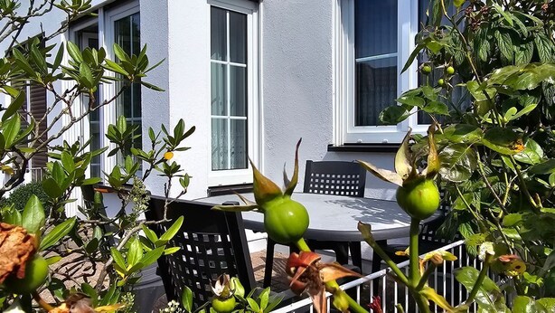 A patio with a table and chairs, surrounded by greenery and a house in the background. - Vacation apartment P1 - 2-room apartment with terrace in the town center (Graal-Müritz)
