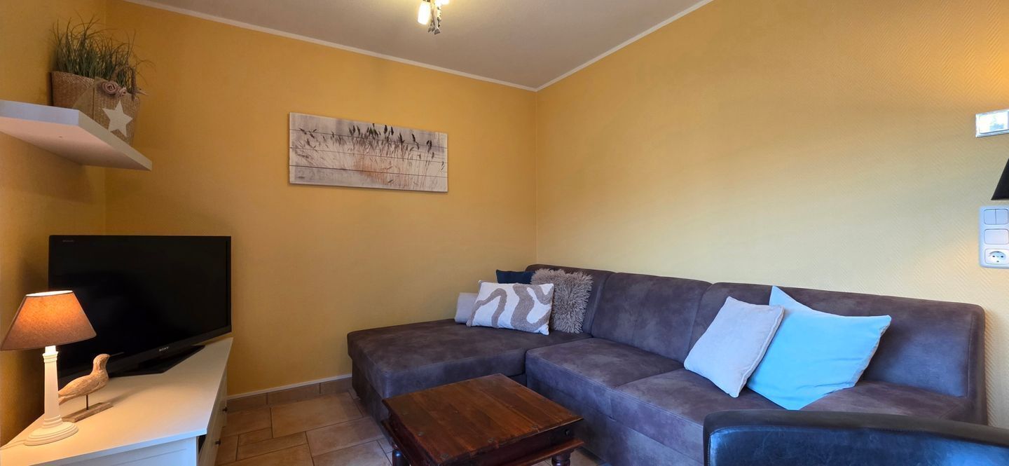 Un soggiorno con un divano, un tavolino, una TV e una lampada.