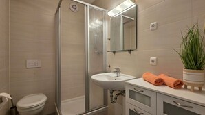 A modern bathroom with a glass shower enclosure, a white sink, and a mirror above it. There is a potted plant on the vanity. - Apartment KWi 46 ground floor - 2-room apartment for 4 pers. on the ground floor, incl. 4 bicycles (Gelbensande)