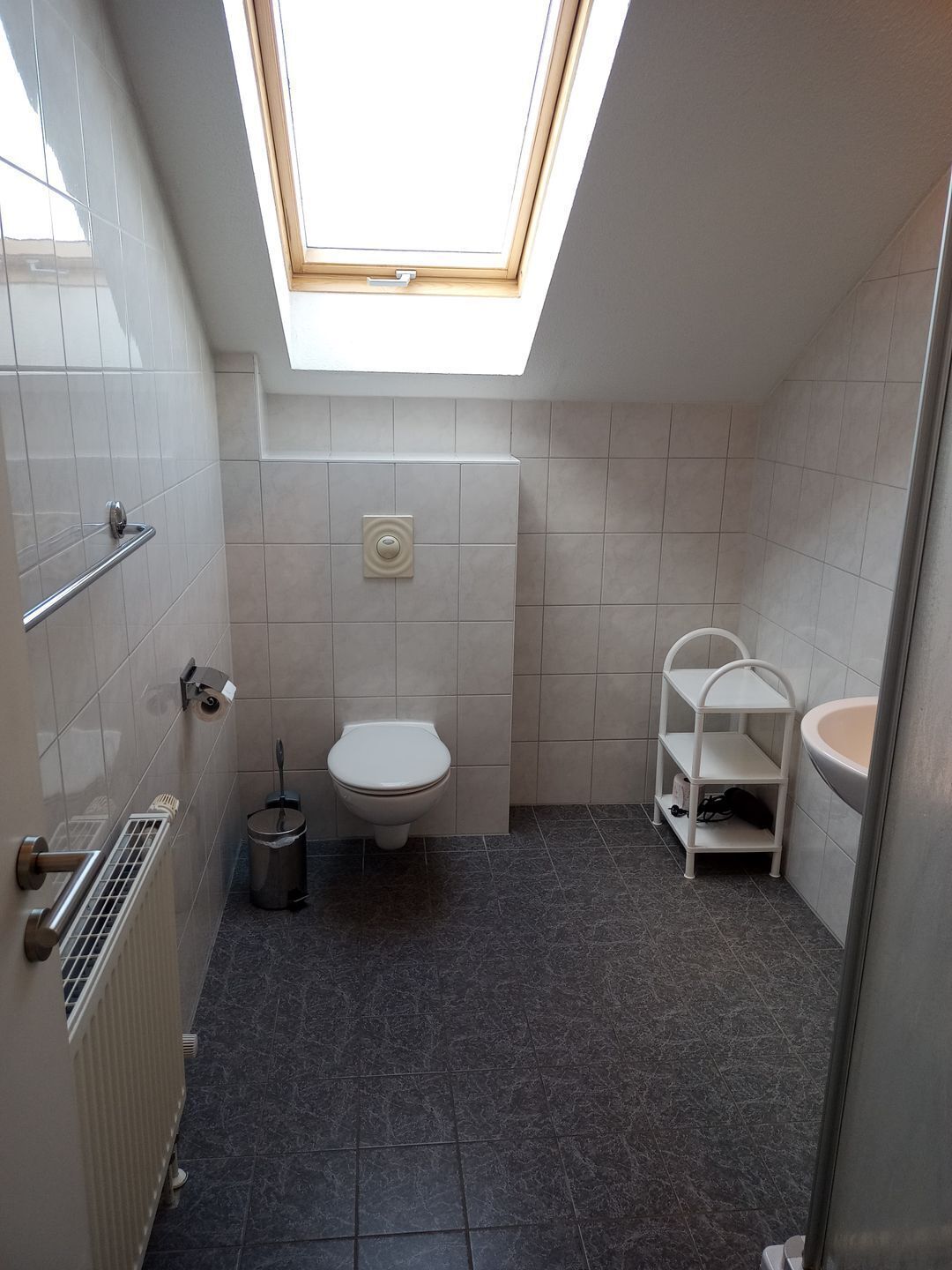 A compact bathroom with a skylight, a toilet, a sink, and a radiator.