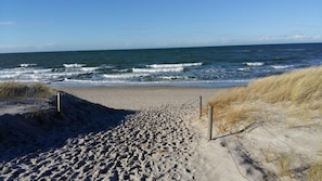 A sandy beach with waves, a wooden fence, and dry grass.