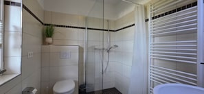 A bathroom with a glass shower enclosure, a toilet, and a white bathtub with a towel rack.