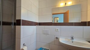 Une salle de bain avec une douche, un lavabo et un miroir.