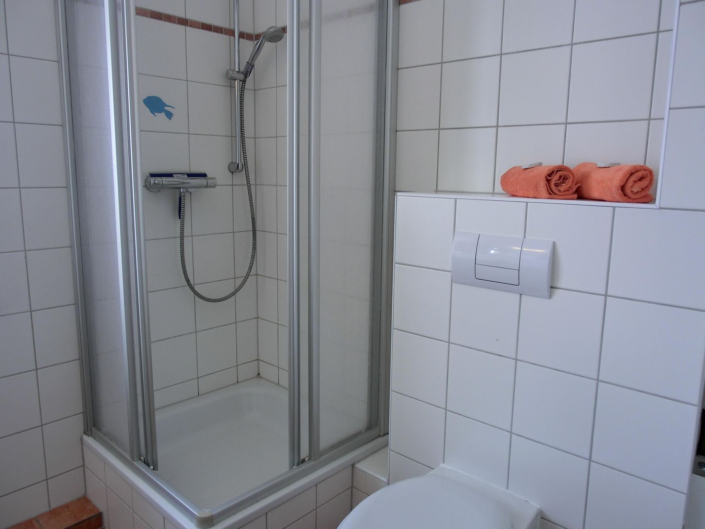 A shower with a glass door, a towel rack with folded towels, and a toilet.