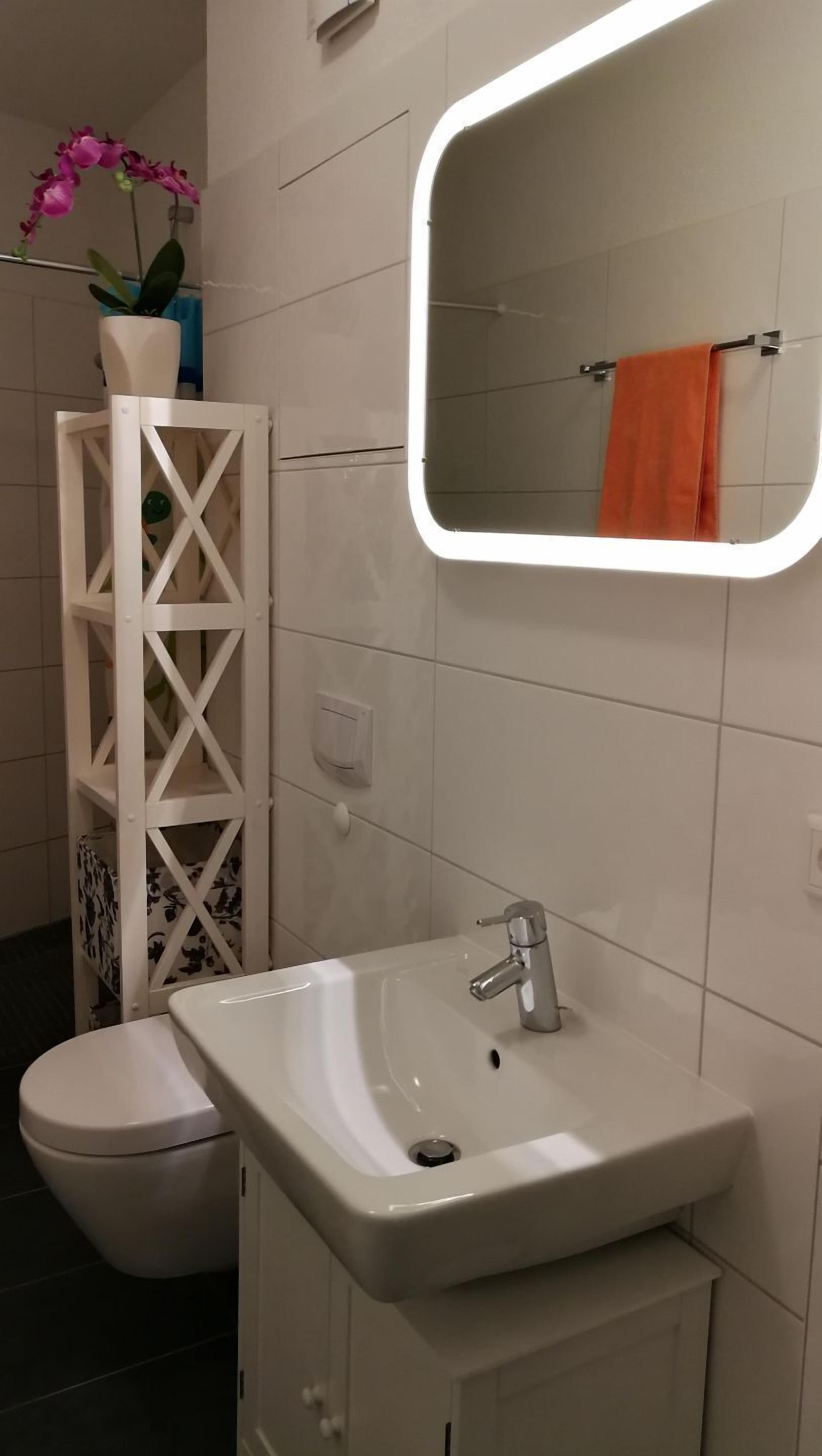 A bathroom with a white sink, a toilet, a white shelving unit with a potted plant, and a mirror with an orange towel.