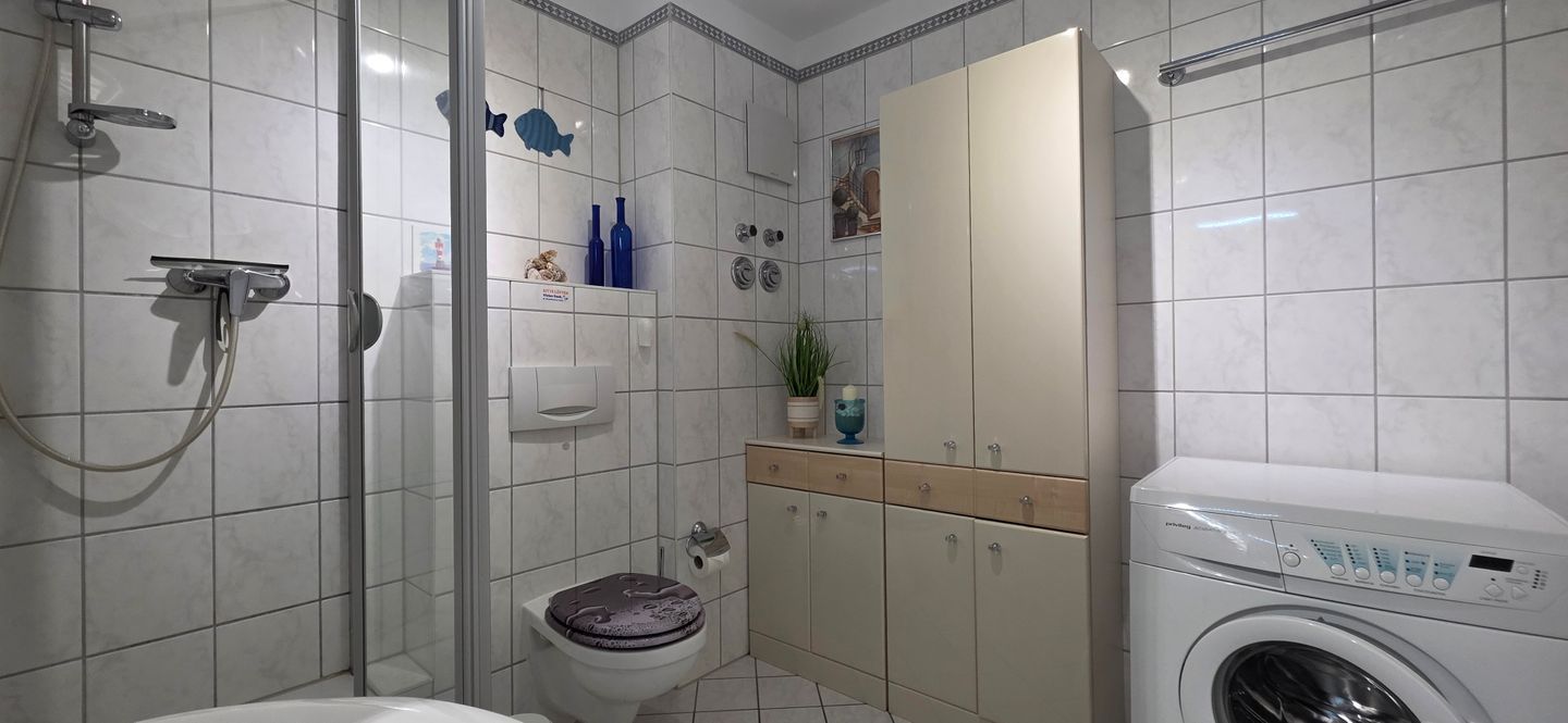 A bathroom with a shower, toilet, and a washing machine.