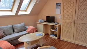 Una camera accogliente con un divano, un tavolino, una TV e una libreria. Sono presenti due finestre e un soffitto con design a sbalzo.