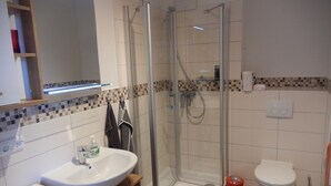 A modern bathroom with a glass-enclosed shower, a white sink, and a toilet.