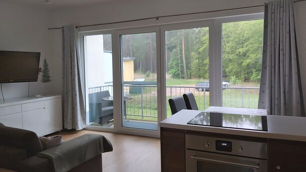 A modern living room with a flat-screen TV, a sofa, a dining table with chairs, and a kitchen area with an oven. - Apartment KWi 26 OG - 2-room apartment for 3 pers. WLAN (Gelbensande)