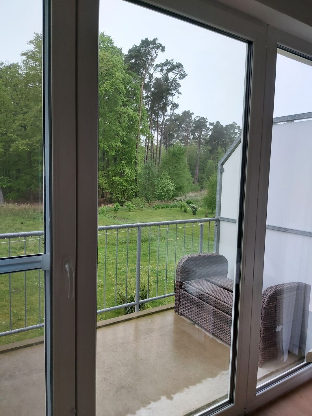 Un balcone con vista su una zona erbosa e alberi.