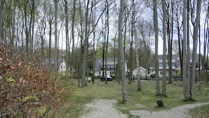 Un sendero arenoso que conduce a una hilera de casas con un bosque al fondo.
