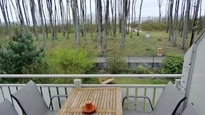 Un balcón con una mesa de madera y dos sillas, con vista a un área verde con árboles y un sendero.