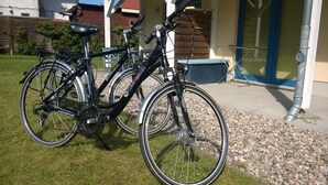 Pyörä on pysäköitynä ruohikkoiselle alueelle rakennuksen eteen. Rakennuksessa on sininen ovi ja valkoinen aita.