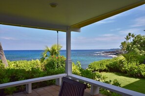 Relax on a bench under the shelter, surrounded by lush greenery and taking in the ocean view.