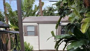 Un sendero en un jardín que lleva a una casa con un columpio y plantas tropicales.
