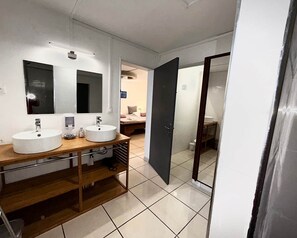 Bathtub, hair dryer, towels, toilet paper